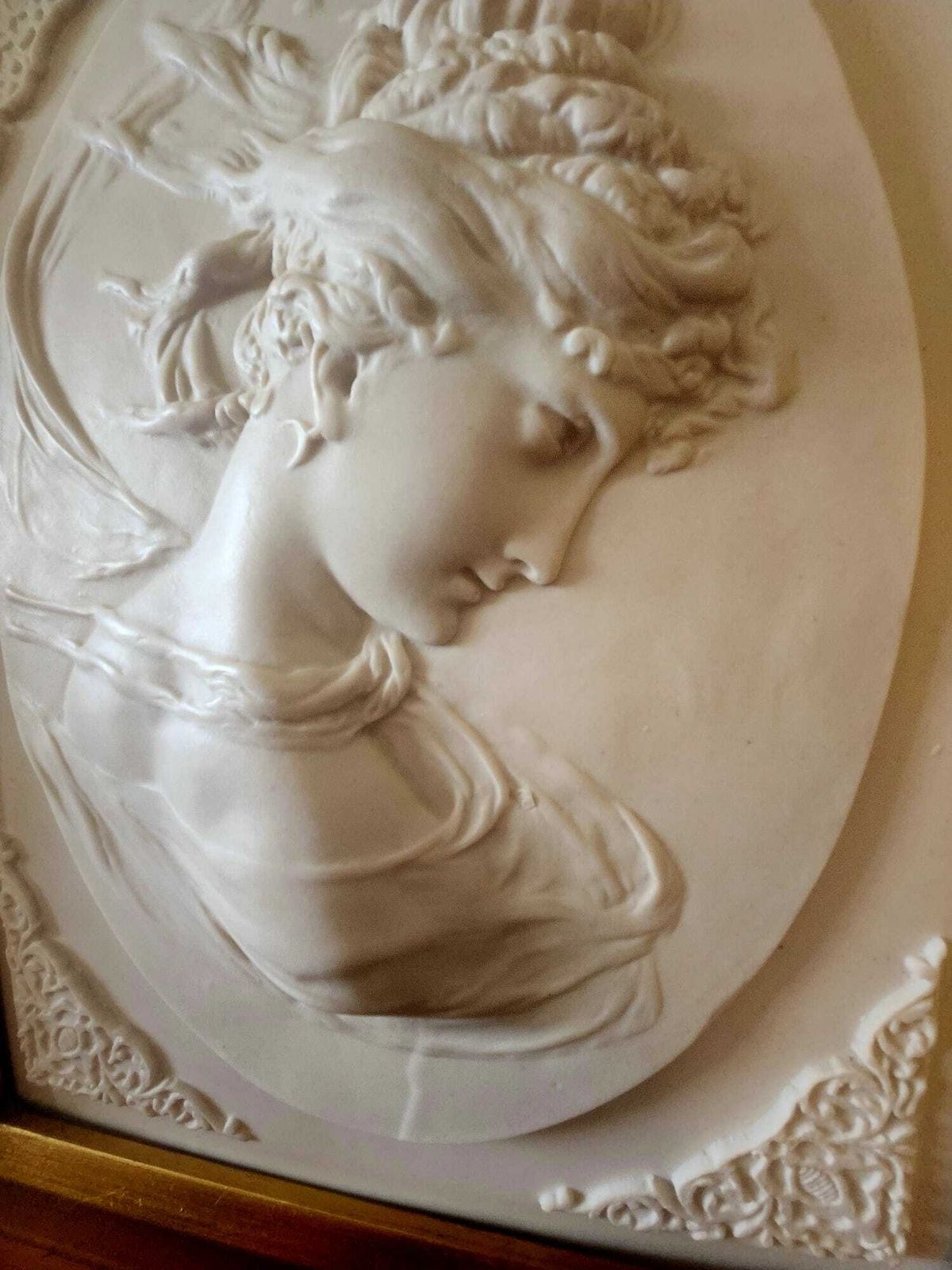 Mantel Mirror, Timeless Elegance: Stunning 19th Century Style Gilt Framed With Stone Relief Of Young Woman photo vintage