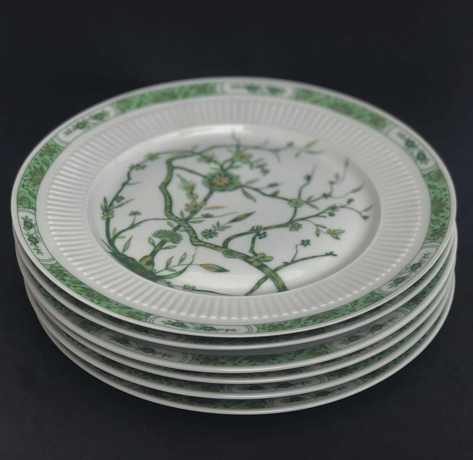 Porcelain Limoges Set 6 Raynaud & Co Fleur De Jade Green White Dinner Plates Green White Leaves French Vintage Wedding Luxury Gift