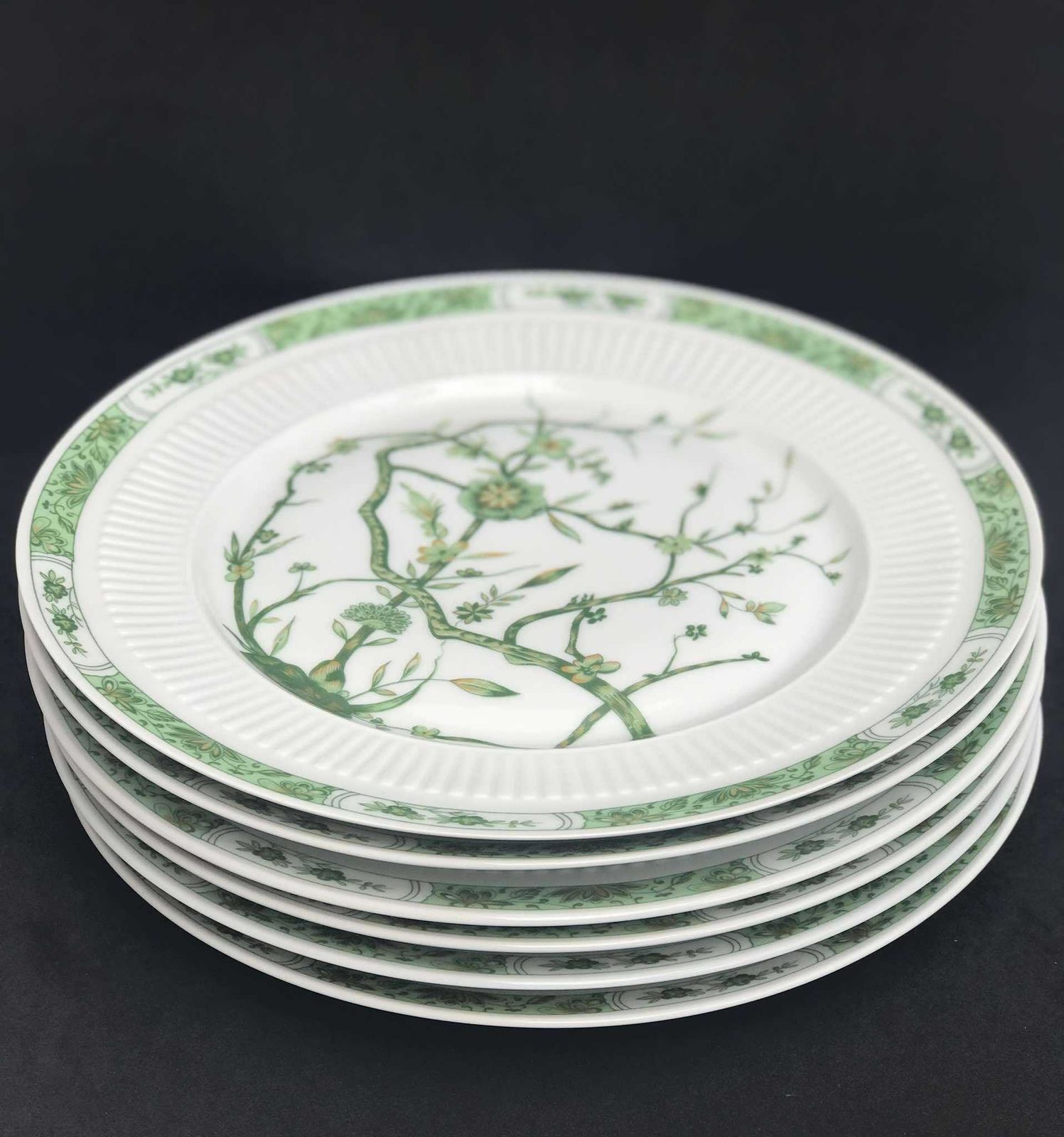 Porselein Limoges Set 6 Raynaud & Co Fleur De Jade Groene Witte Dinerborden Groene Witte Bladeren Franse Vintage Luxe Cadeau photo 419.0