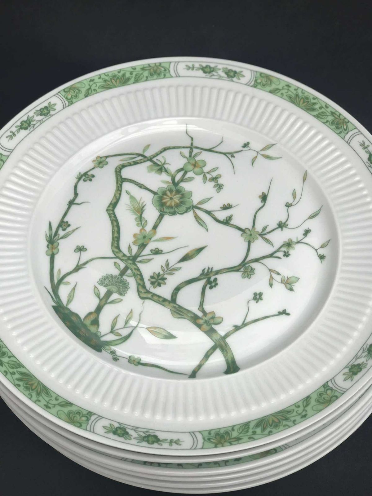 Porcelain Limoges Set 6 Raynaud & Co Fleur De Jade Green White Dinner Plates Green White Leaves French Vintage Wedding Luxury Gift photo vinterior
