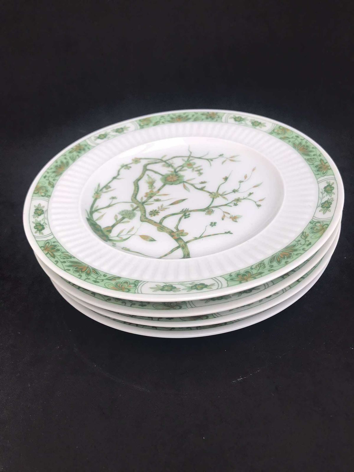 Porselein Limoges Set 4 Raynaud & Co Fleur De Jade Groen Wit Brood  En Boterbordjes Groene Witte Bladeren Frans Vintage Huwelijkscadeau Luxe Geschenk photo buy