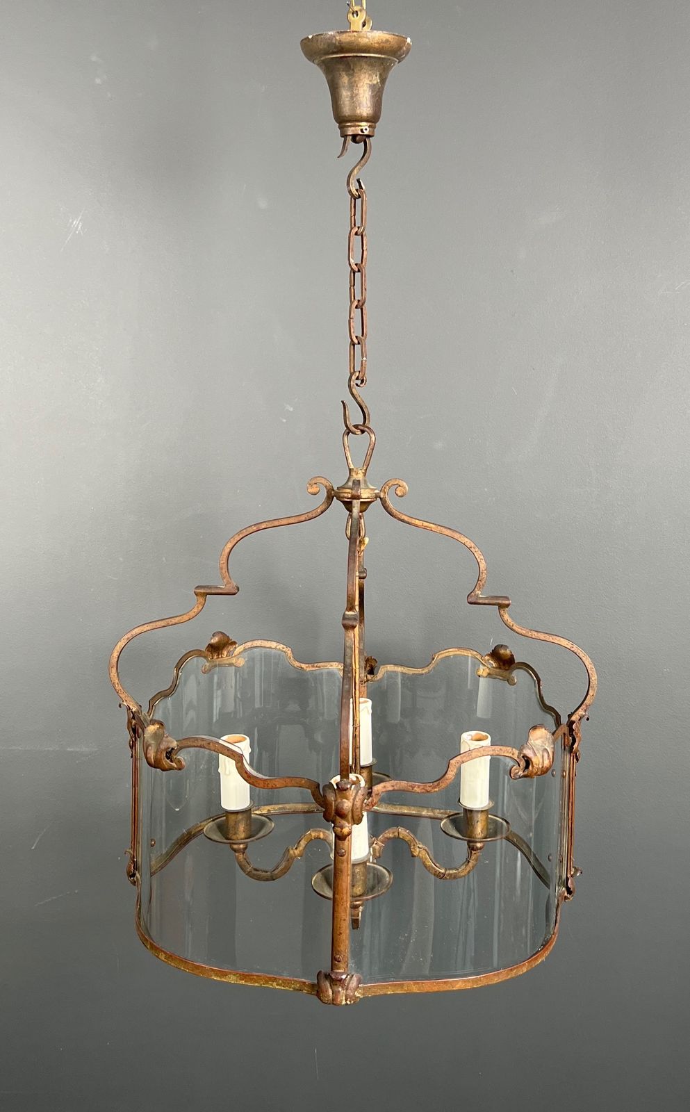 Rare Lantern In Wrought Iron, Gilded And Curved Glass With 4 Lights photo furniture