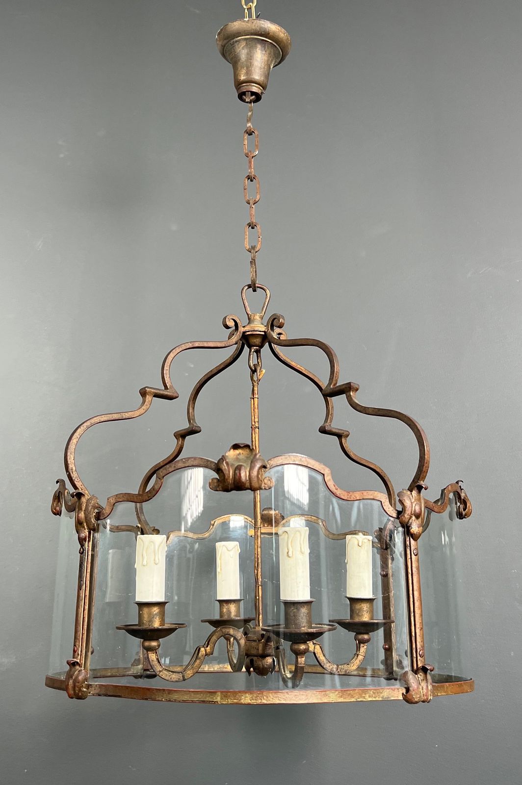 Rare Lantern In Wrought Iron, Gilded And Curved Glass With 4 Lights photo for sale