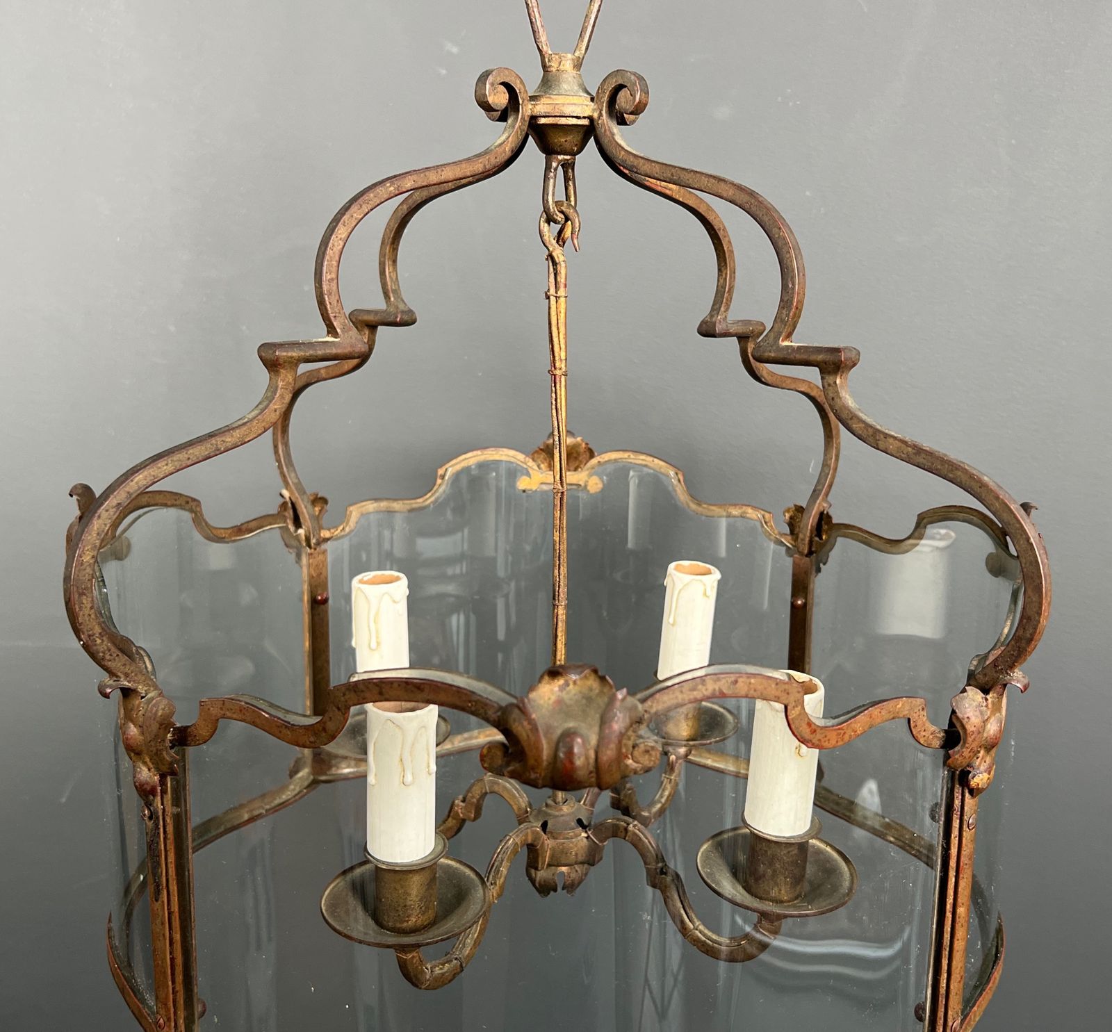 Rare Lantern In Wrought Iron, Gilded And Curved Glass With 4 Lights photo vintage