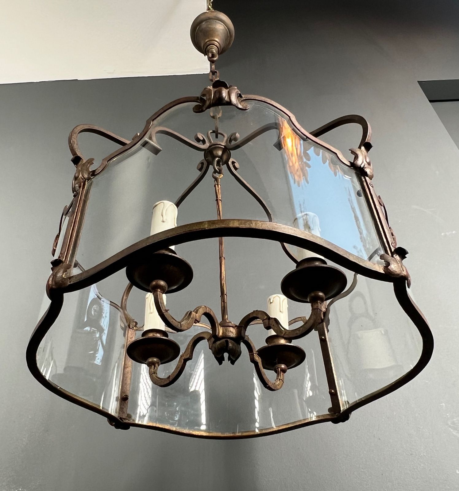 photo buy Rare Lantern In Wrought Iron, Gilded And Curved Glass With 4 Lights