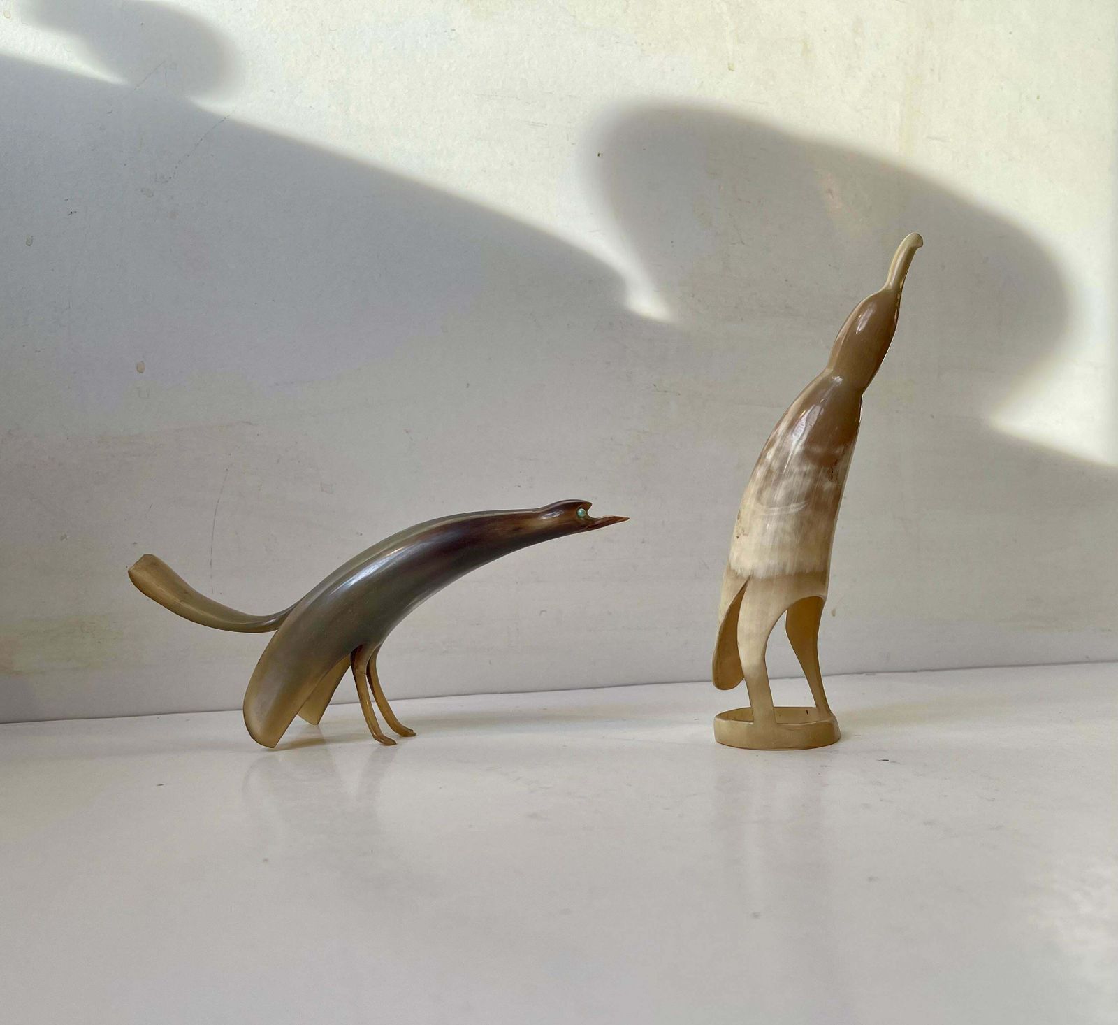Sculptural Mid Century Stylized Birds Carved From Steer Horn, 1960s photo for sale
