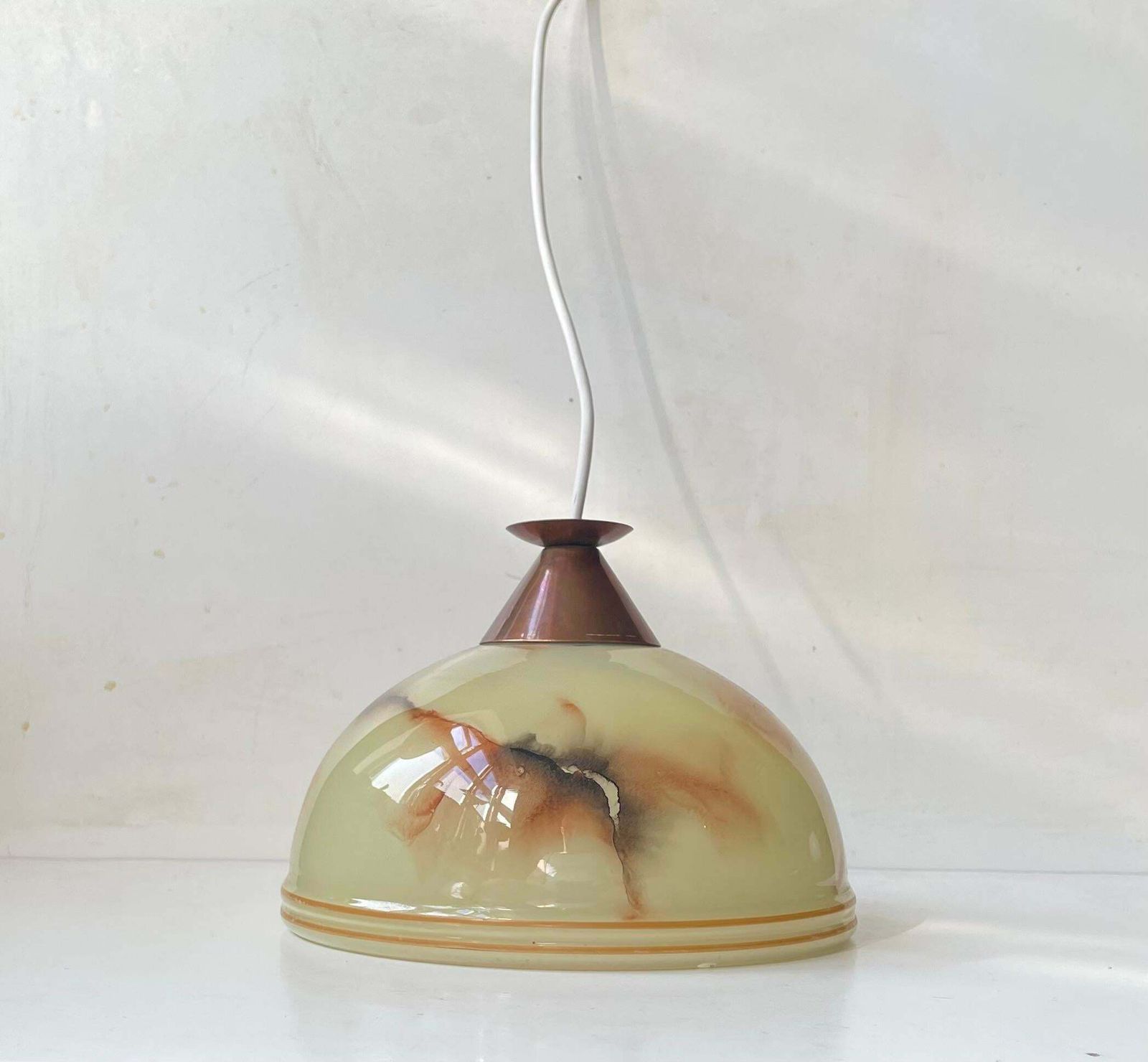 Scandinavian Copper & Marble Glass Pendant Lamp, Bauhaus Style 1940s photo Lighting