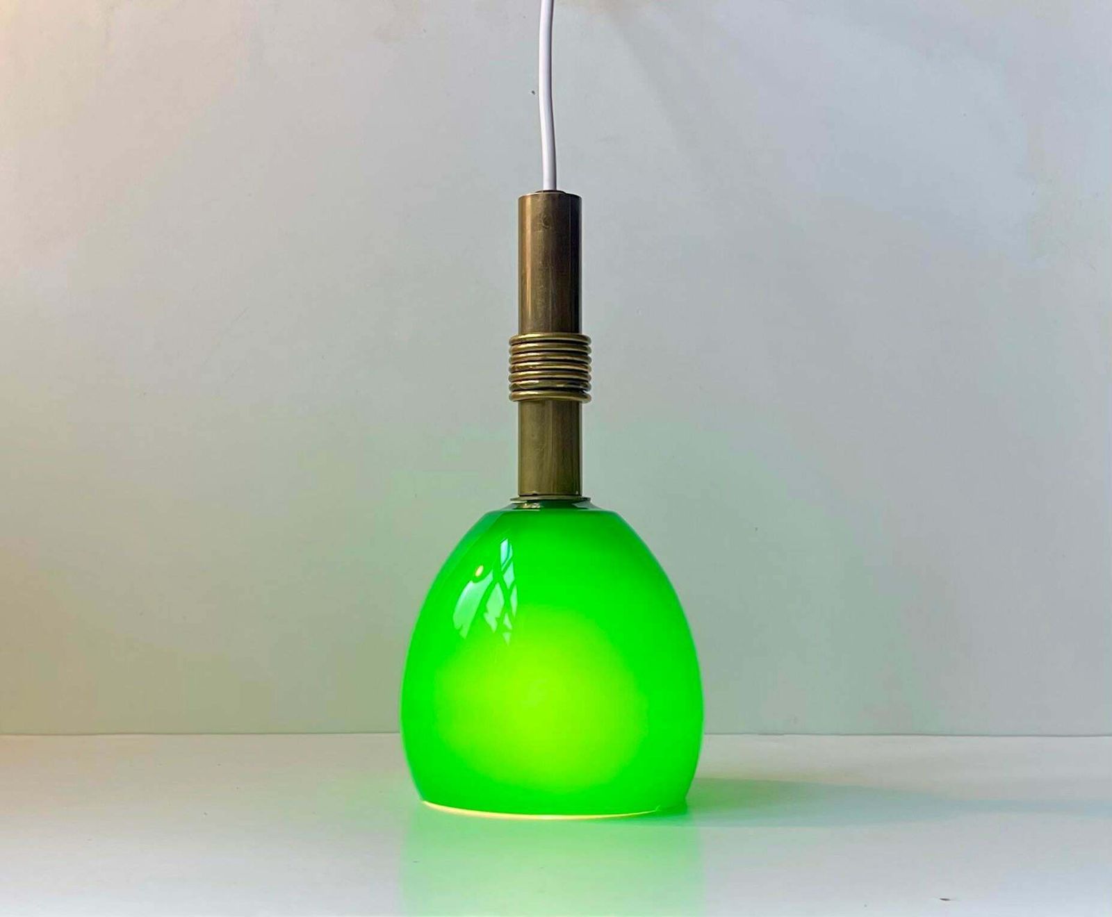 Scandinavian Modern Ceiling Lamp In Cased Green Glass & Brass photo for sale