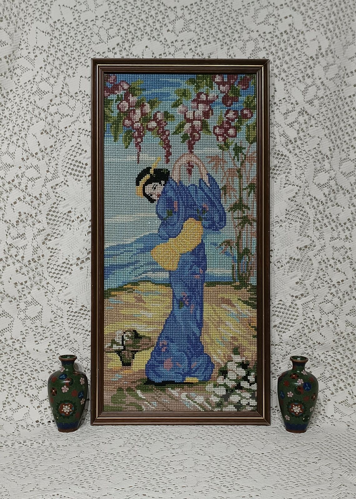 Cross Stitch Picture Japanese Geisha Girl Oriental Blossoms Framed ,Needle Point Wall Art. photo furniture