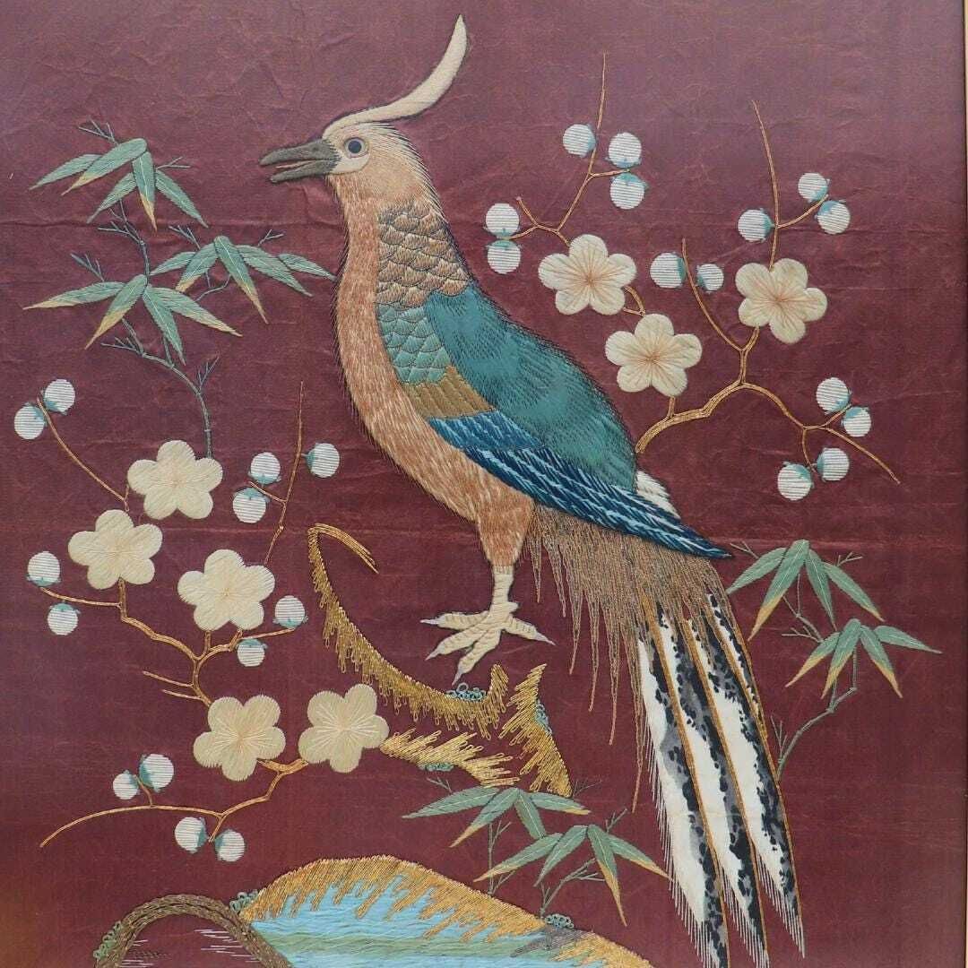 Vintage Chinese Framed Embroidered Silk Bird Of Paradise Artwork, Chinese Silk Art photo for sale