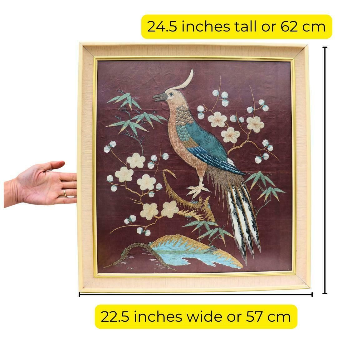 Vintage Chinese Framed Embroidered Silk Bird Of Paradise Artwork, Chinese Silk Art photo Art