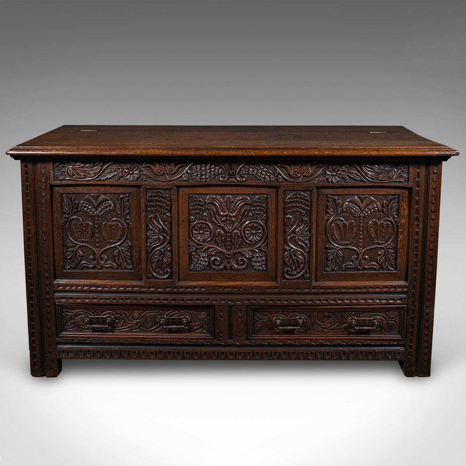 Large Antique Mule Chest, English, Carved Oak, Coffer, William III, Circa 1700 photo for sale