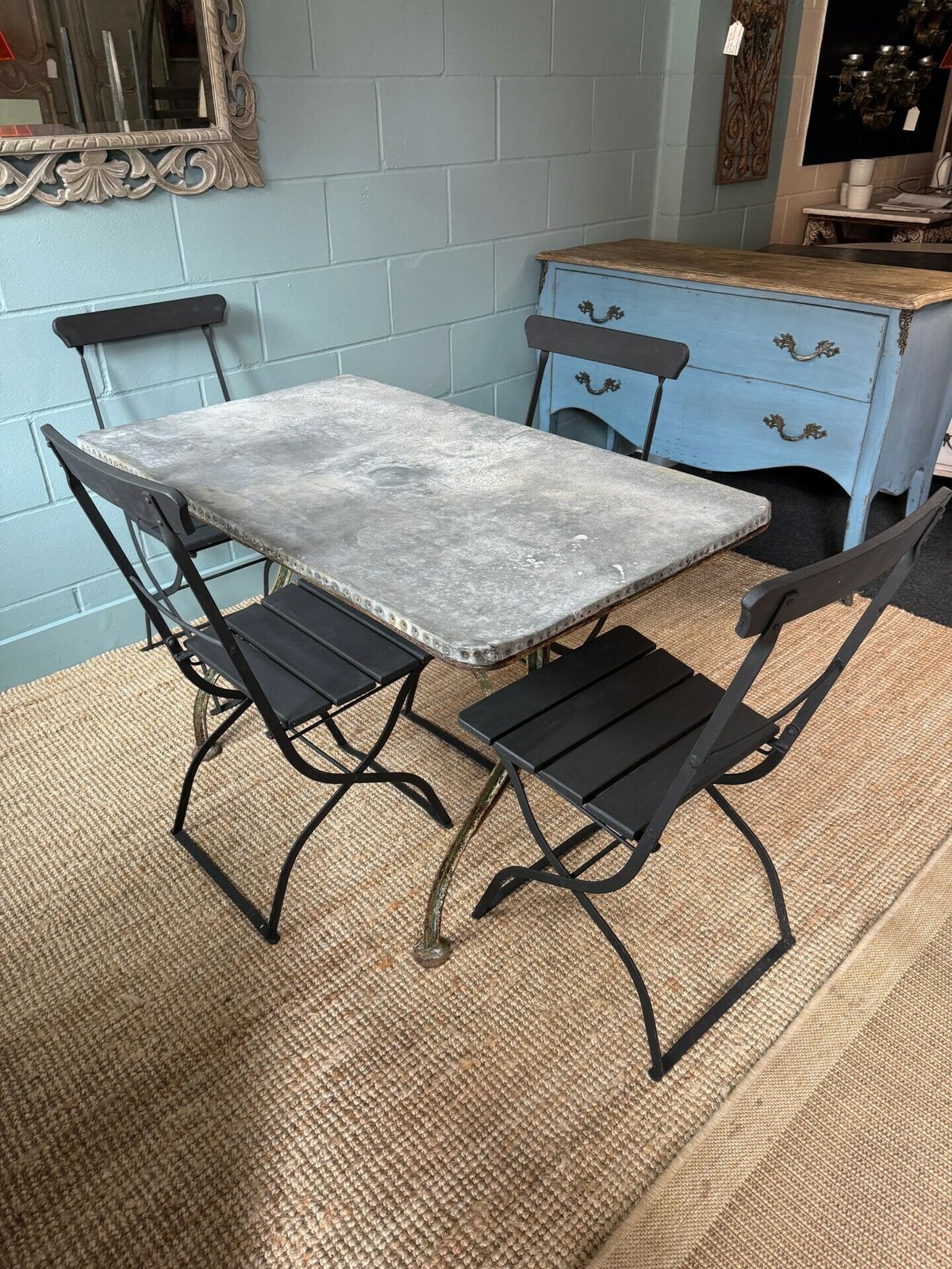 A French Zinc Top Industrial Style Garden/Interior Table (Circa 1900 Or Earlier) & Set Of Six Folding French Chairs photo buy