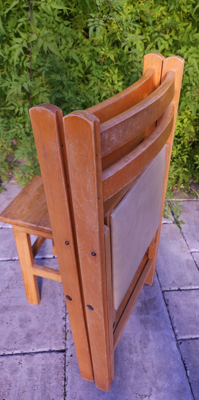 Pair Of Mid Century Beechwood Folding Chairs With Cream Vinyl Seats photo Furniture