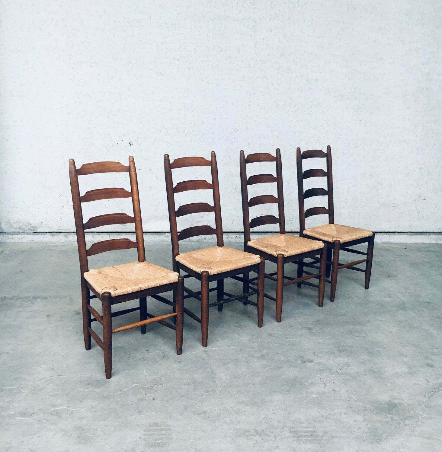 Rustic Design Ladder Back Oak & Rush Dining Chair Set, Belgium 1960's photo furniture