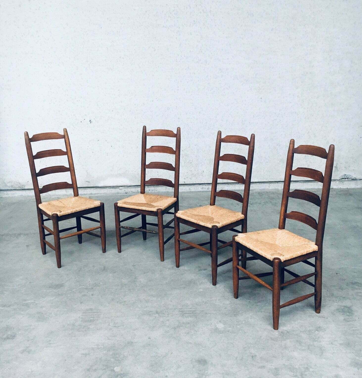 Rustic Design Ladder Back Oak & Rush Dining Chair Set, Belgium 1960's photo for sale