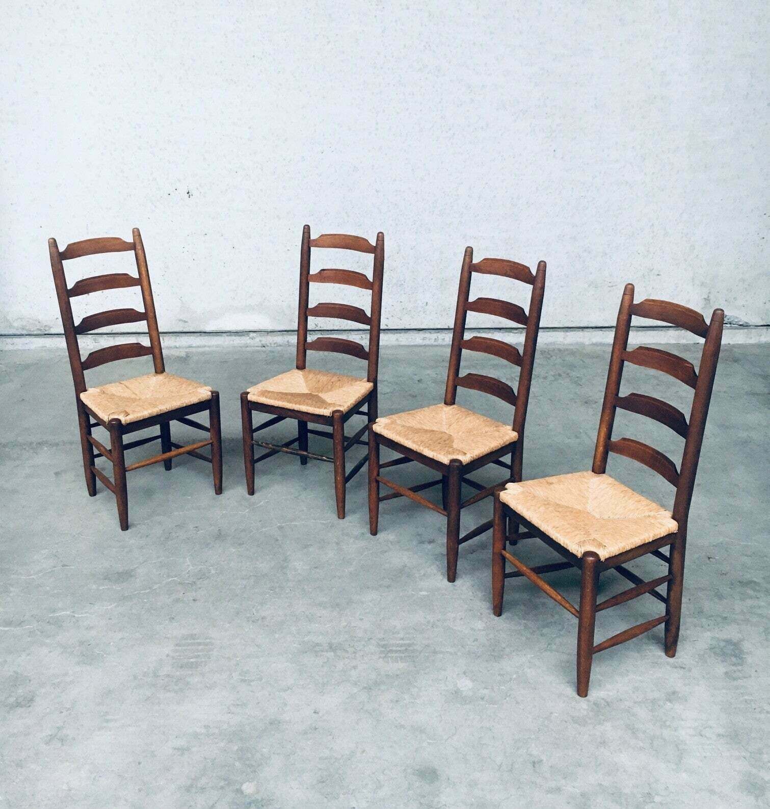 photo furniture Rustic Design Ladder Back Oak & Rush Dining Chair Set, Belgium 1960's