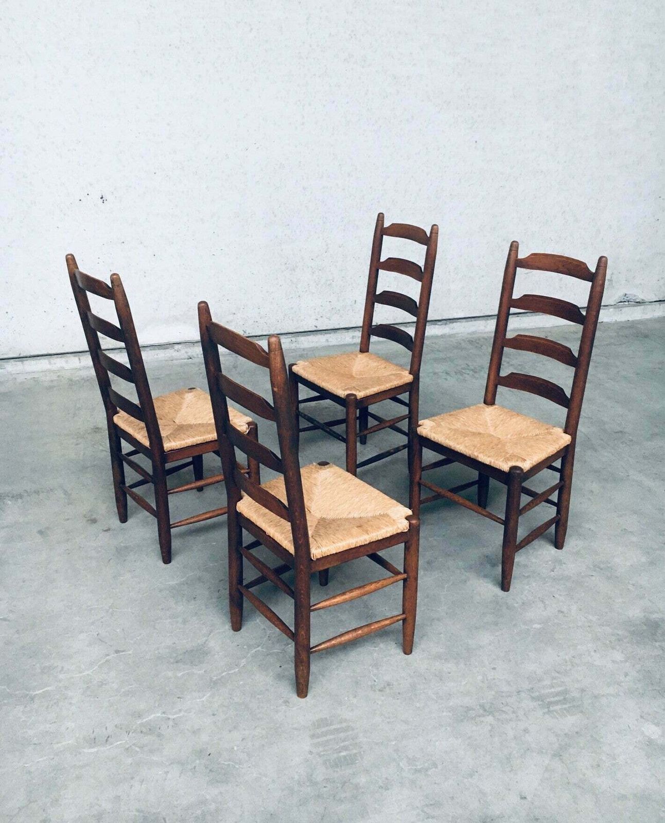 photo for sale Rustic Design Ladder Back Oak & Rush Dining Chair Set, Belgium 1960's
