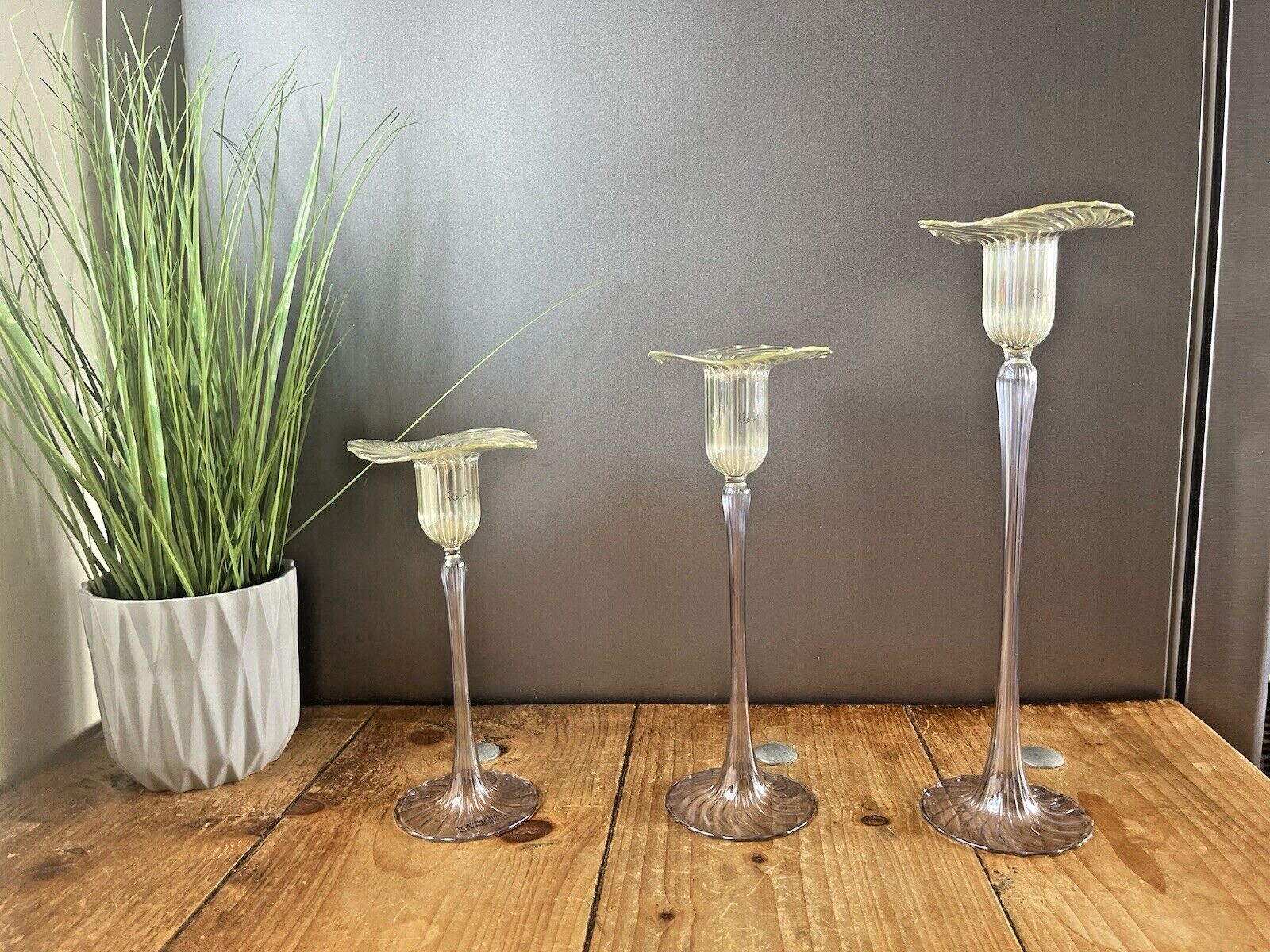 265.0 Rare Graduated Set Of 3 Venetian Renate Gaudini Ribbed Murano Glass Candlestick photo