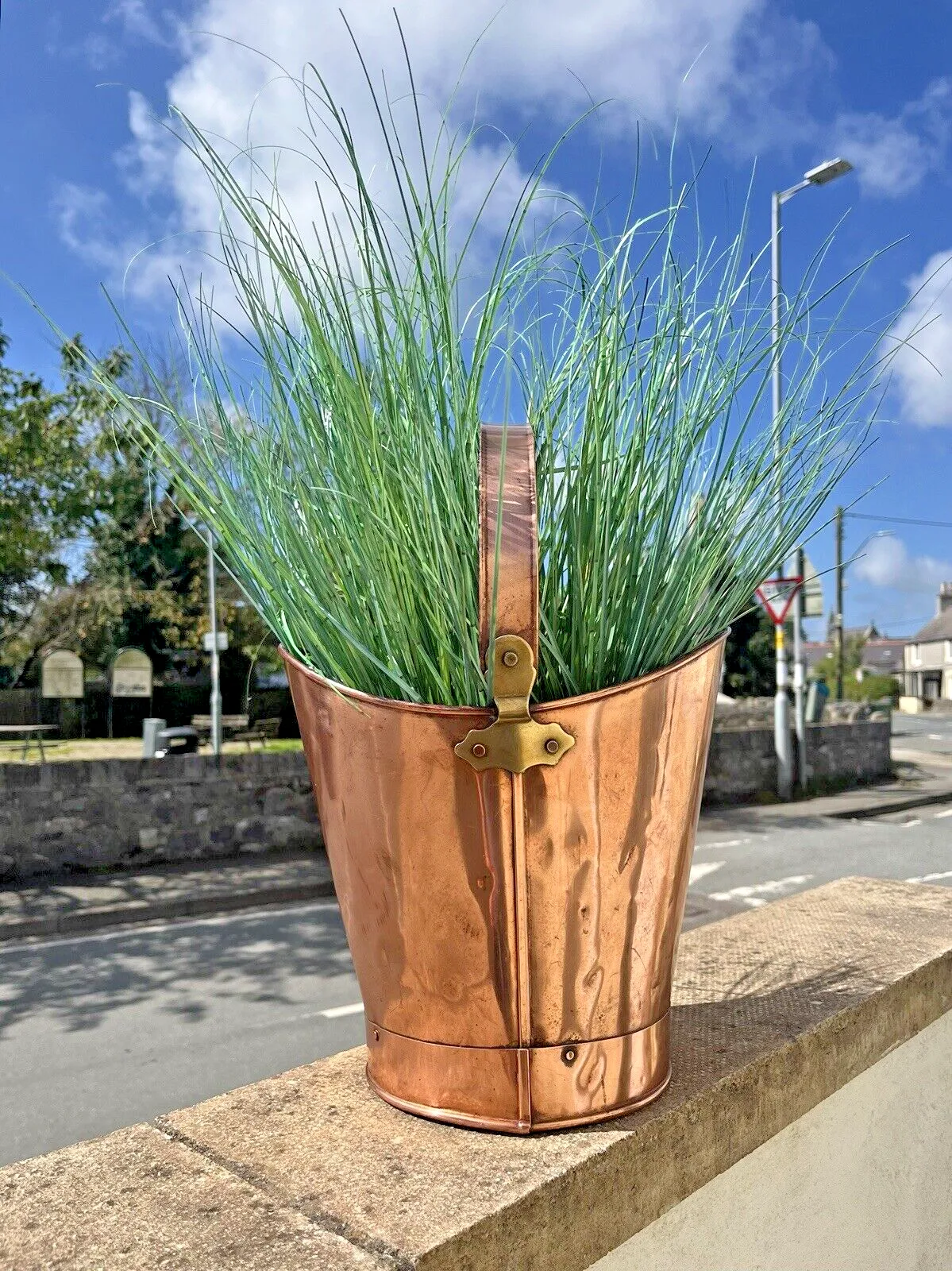Antique 19th C Copper & Brass Handled Pail Kindling Bucket Flower Plant Pot photo Home Decor
