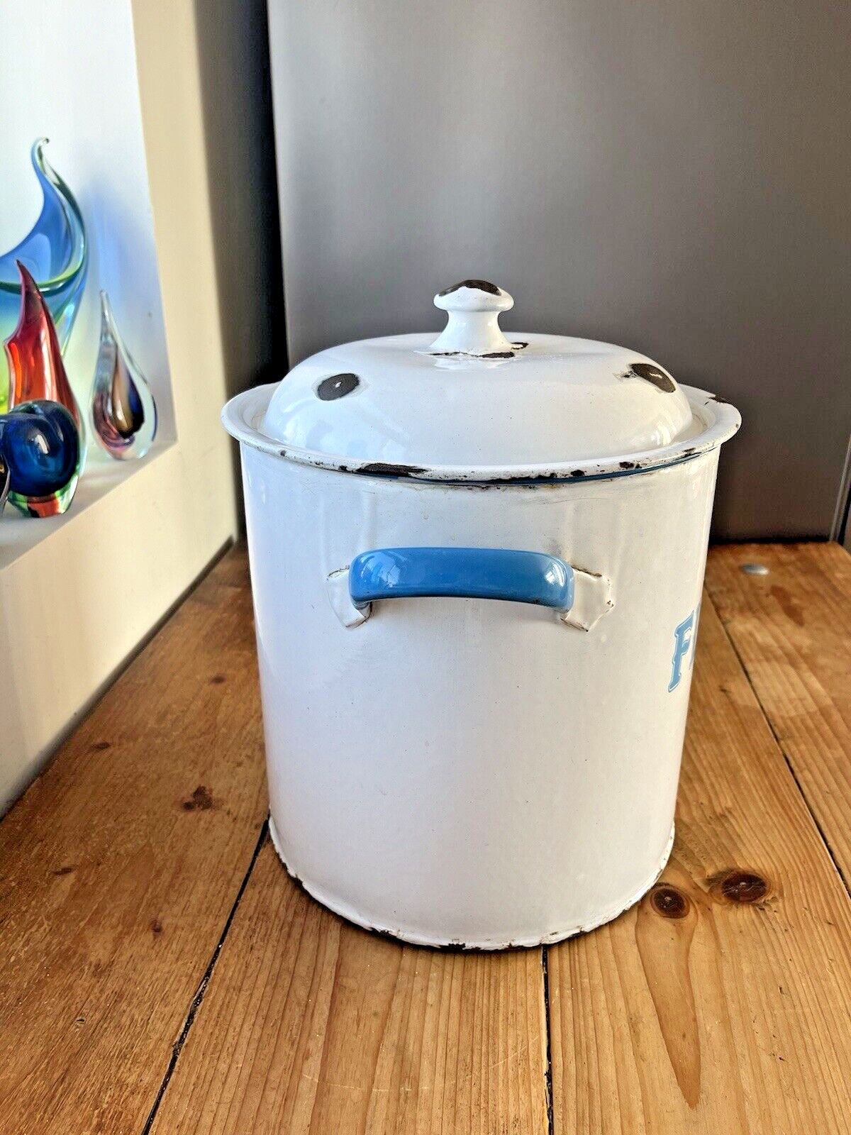 Large Antique Enamel Flour Bin Bakery Storage Container Vintage Kitchen Display photo buy