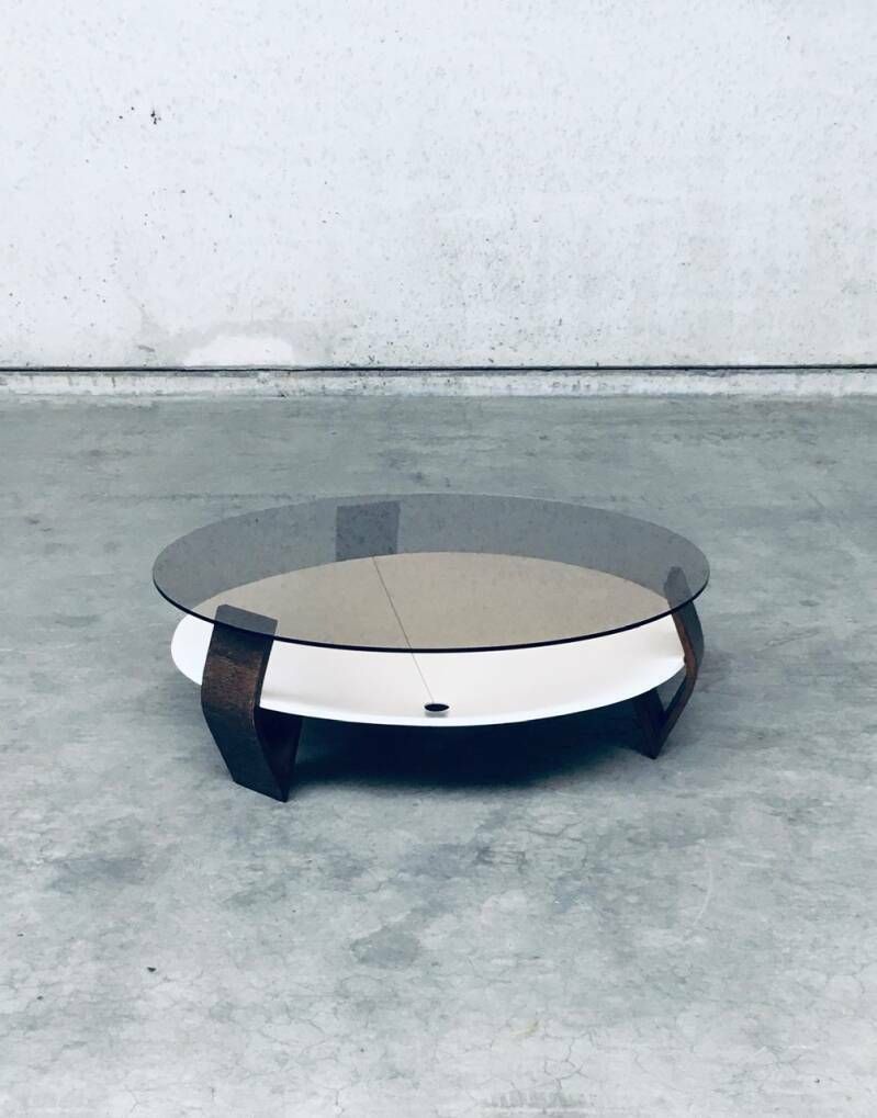 Midcentury Modern Dutch Design Wenge & Smoke Glass Coffee Table, Netherlands 1960's photo vintage