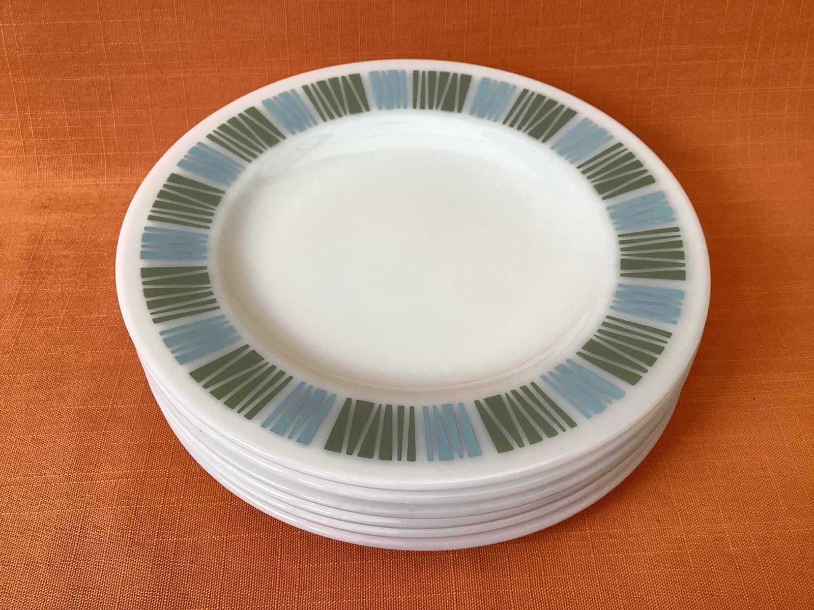 Jaj Pyrex Matchmaker Salad Plates In Blue And Green (Set Of 6), 1960s Jaj Matchmaker Salad/Dessert Plates, Retro Matchmaker Plates, 8.5” photo furniture