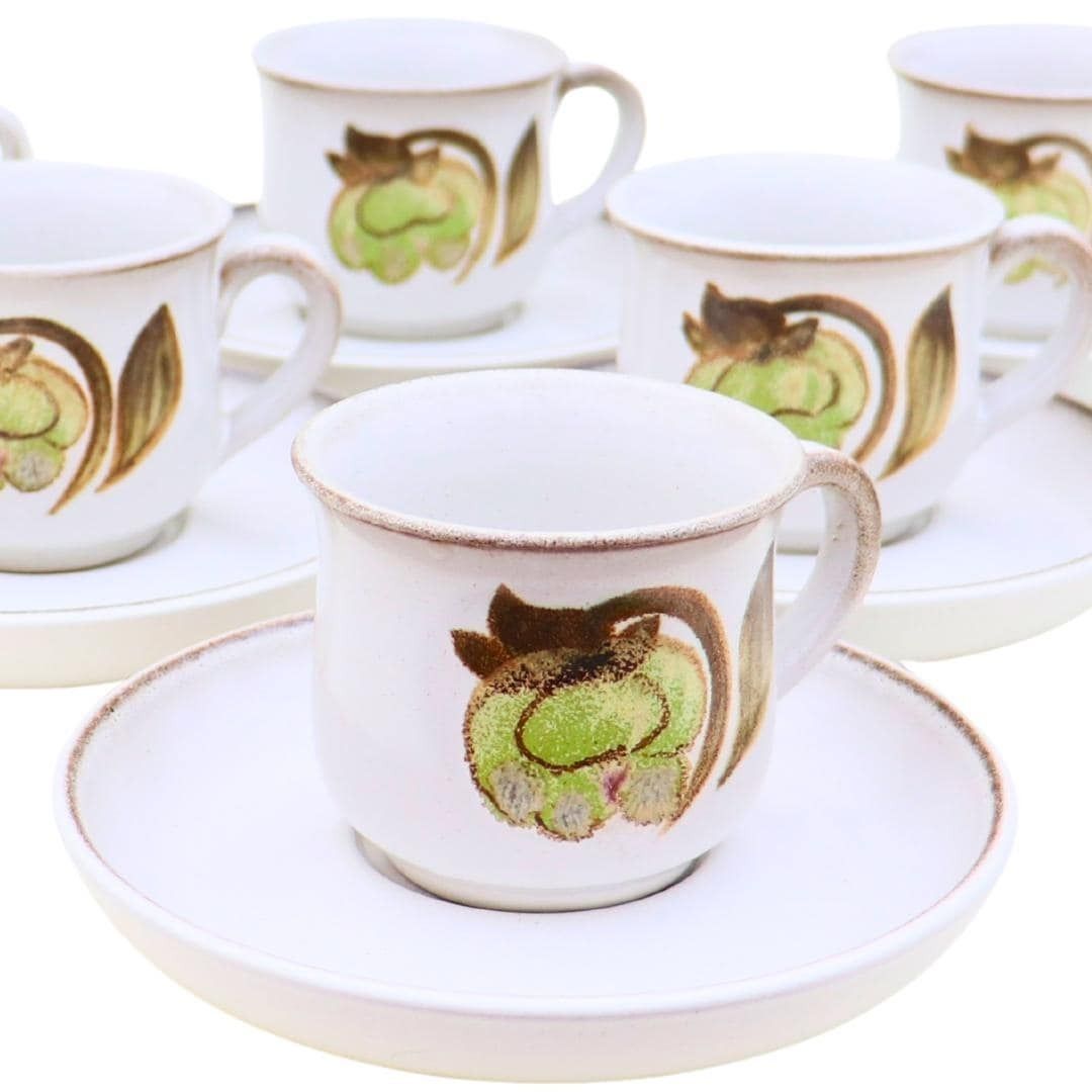 6 Mid Century Coffee Cups And Saucers By Denby Troubador Patttern C 1970's, Retro Stoneware Cottage Core Coffee Cups And Saucers photo furniture