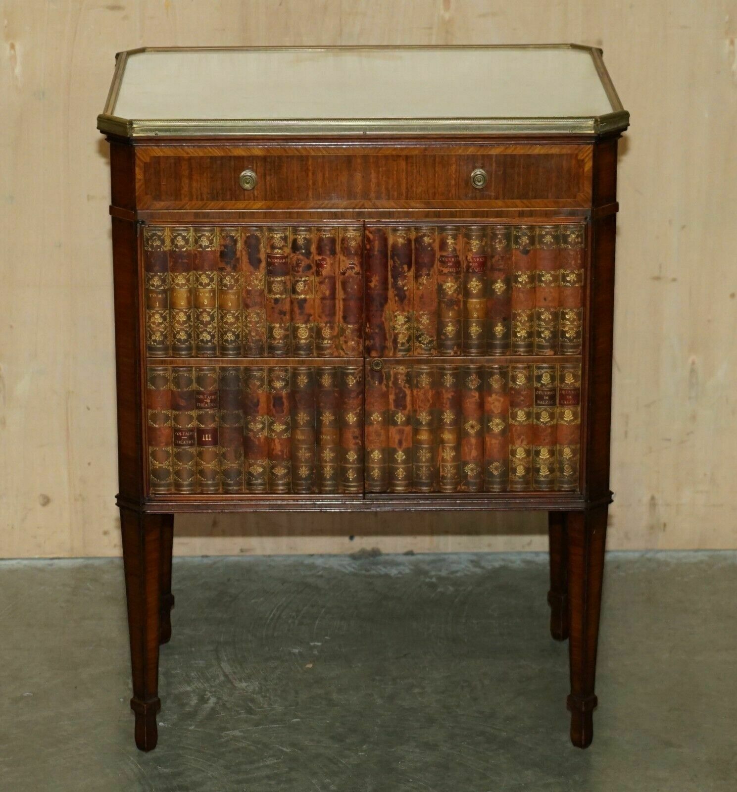 Antique Cir 1920 Faux Stack Of Books Leather Carrara Marble Side Table Drawers photo furniture