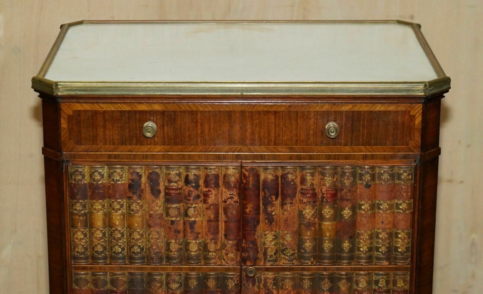 Antique Cir 1920 Faux Stack Of Books Leather Carrara Marble Side Table Drawers photo for sale