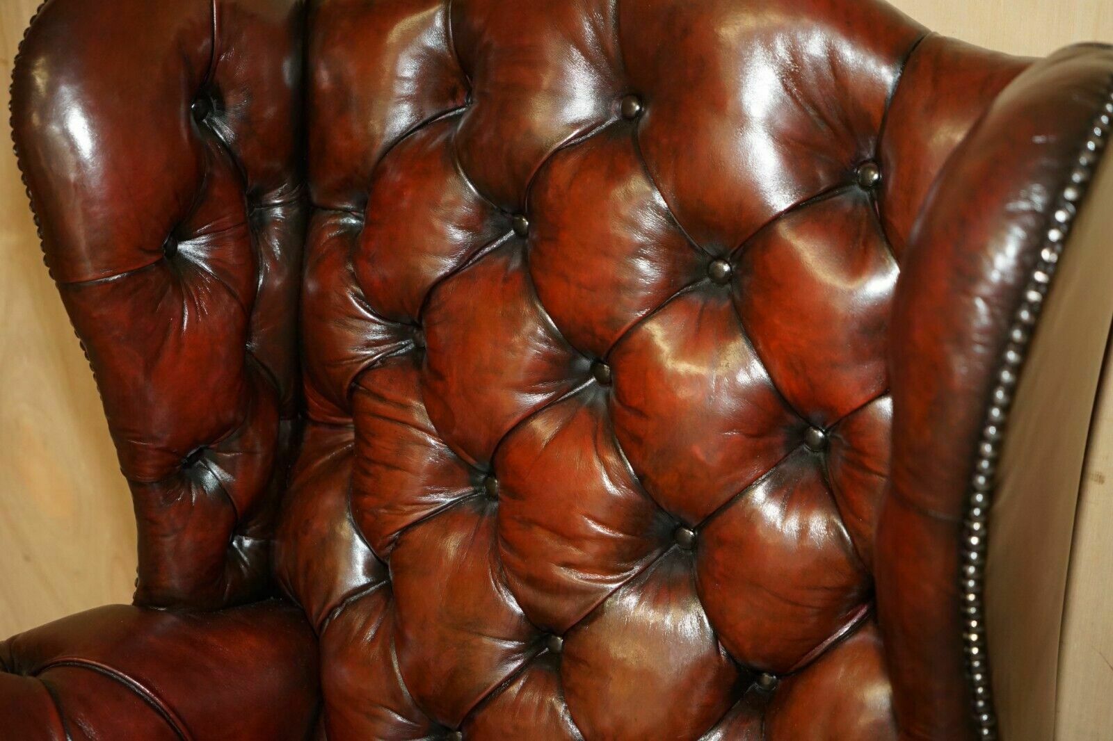 Pair Of Chesterfield Vintage Oxblood Leather Wingback Armchairs & Footstools photo Furniture