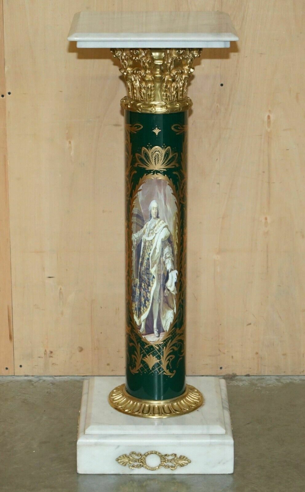 Stunning Pair Of Royal Italian Carrara Marble & Enamel Painted Brass Pillars photo for sale