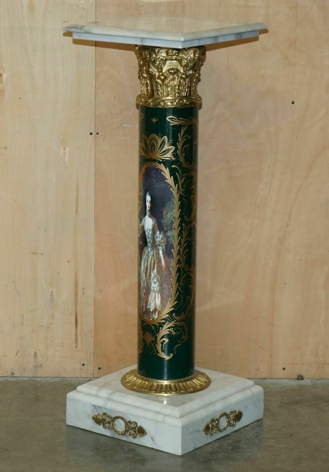 photo buy Stunning Pair Of Royal Italian Carrara Marble & Enamel Painted Brass Pillars