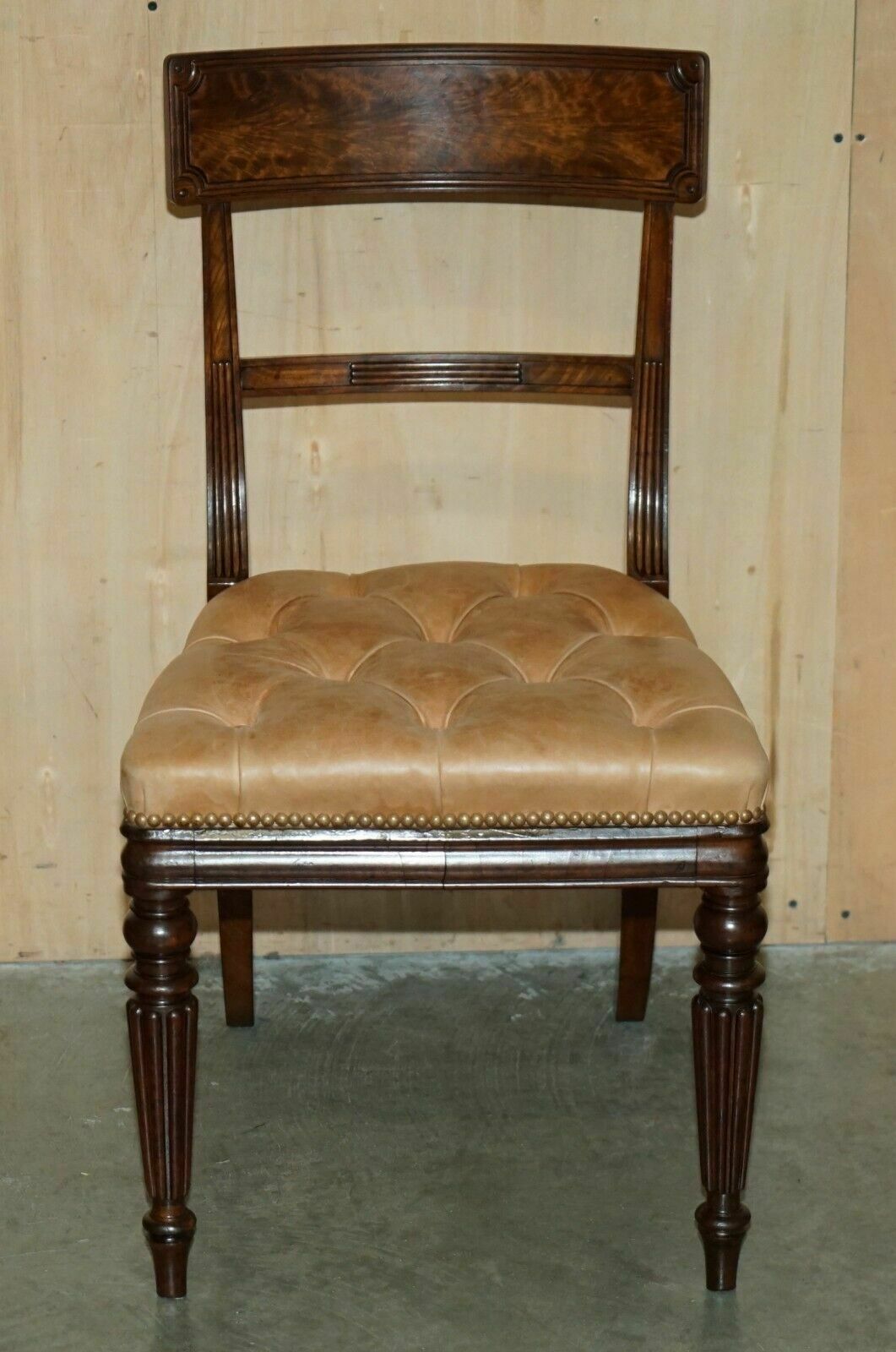 Six Fine Antique Regency 1820 Brown Leather Mahogany Chesterfield Dining Chairs photo for sale