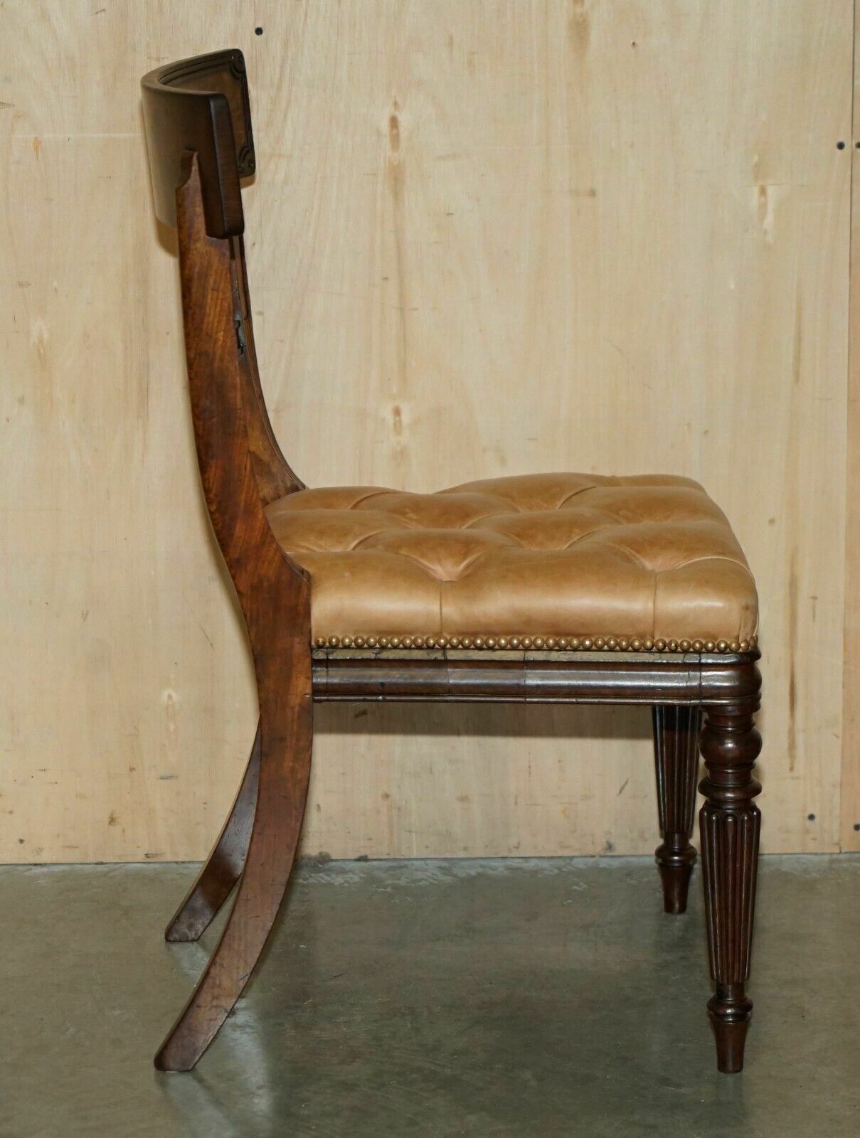 4500.0 Six Fine Antique Regency 1820 Brown Leather Mahogany Chesterfield Dining Chairs photo