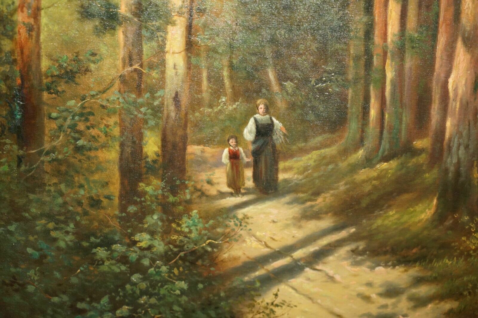 128cm Tall Continental Painting Of A Forest, Mother & Daughter Metal Gilt Frame photo Art