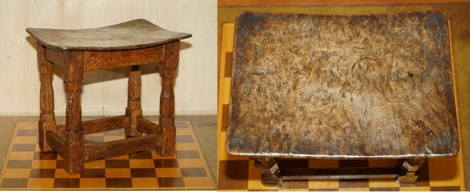 Original 1930's Burr Oak Robert Mouseman Thompson Stool With Period Curved Top
