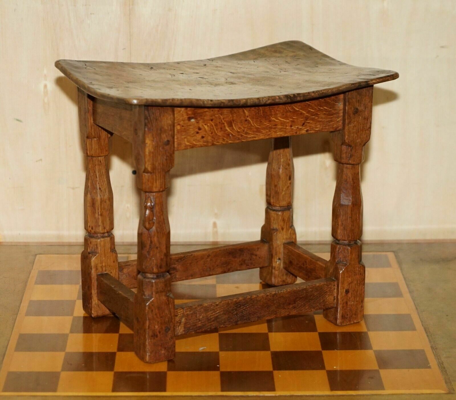 Original 1930's Burr Oak Robert Mouseman Thompson Stool With Period Curved Top photo furniture