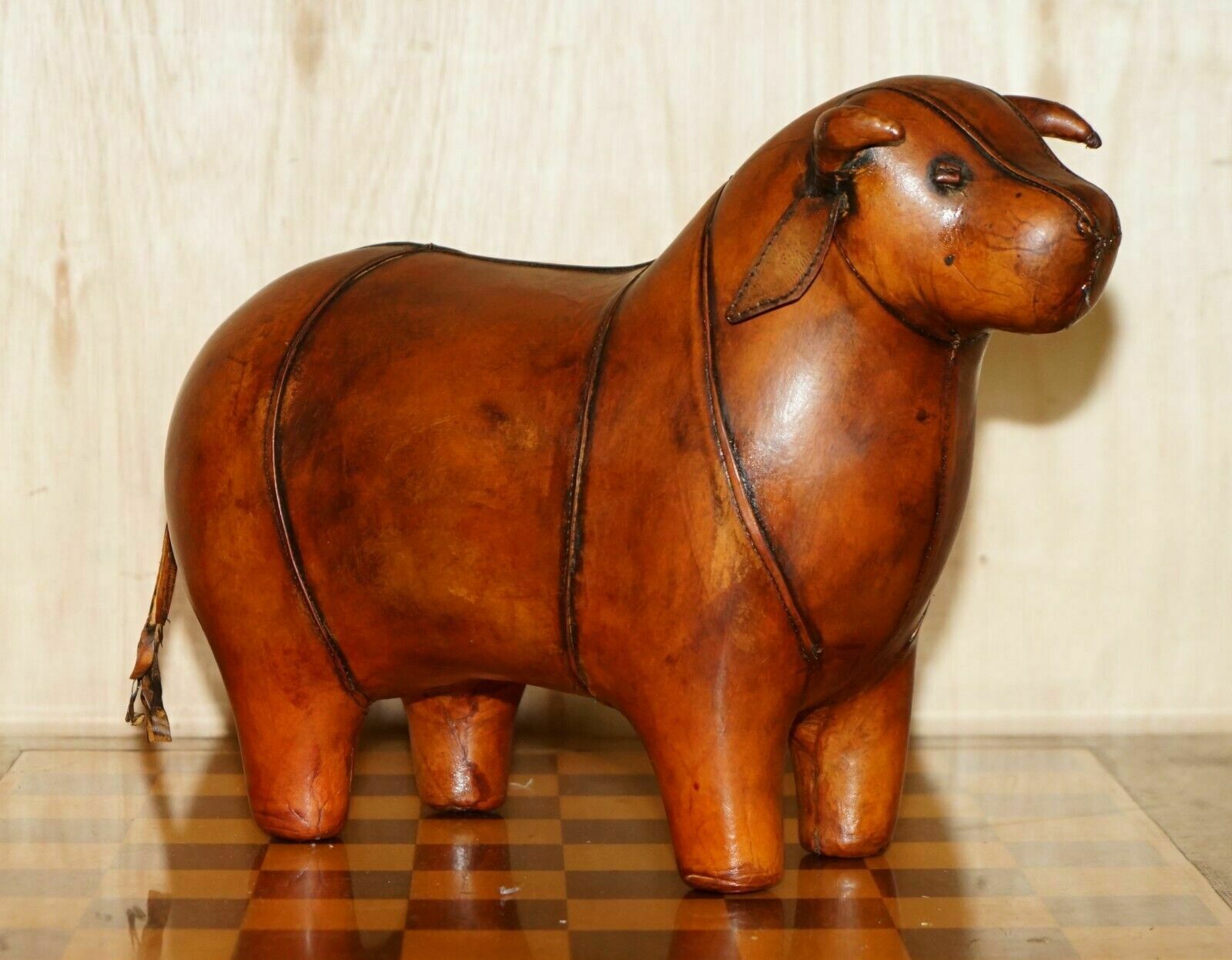 Medium New Old Stock Liberty Style Omersa Brown Bull Cow Leather  Footstool