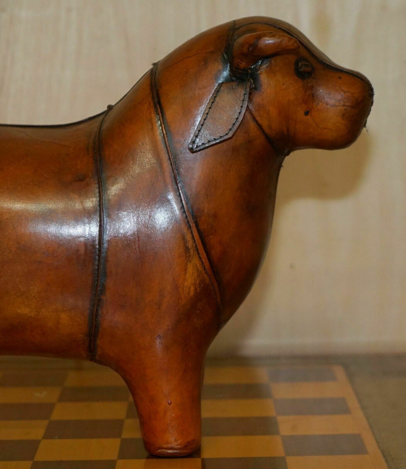 Medium New Old Stock Liberty Style Omersa Brown Bull Cow Leather  Footstool photo for sale