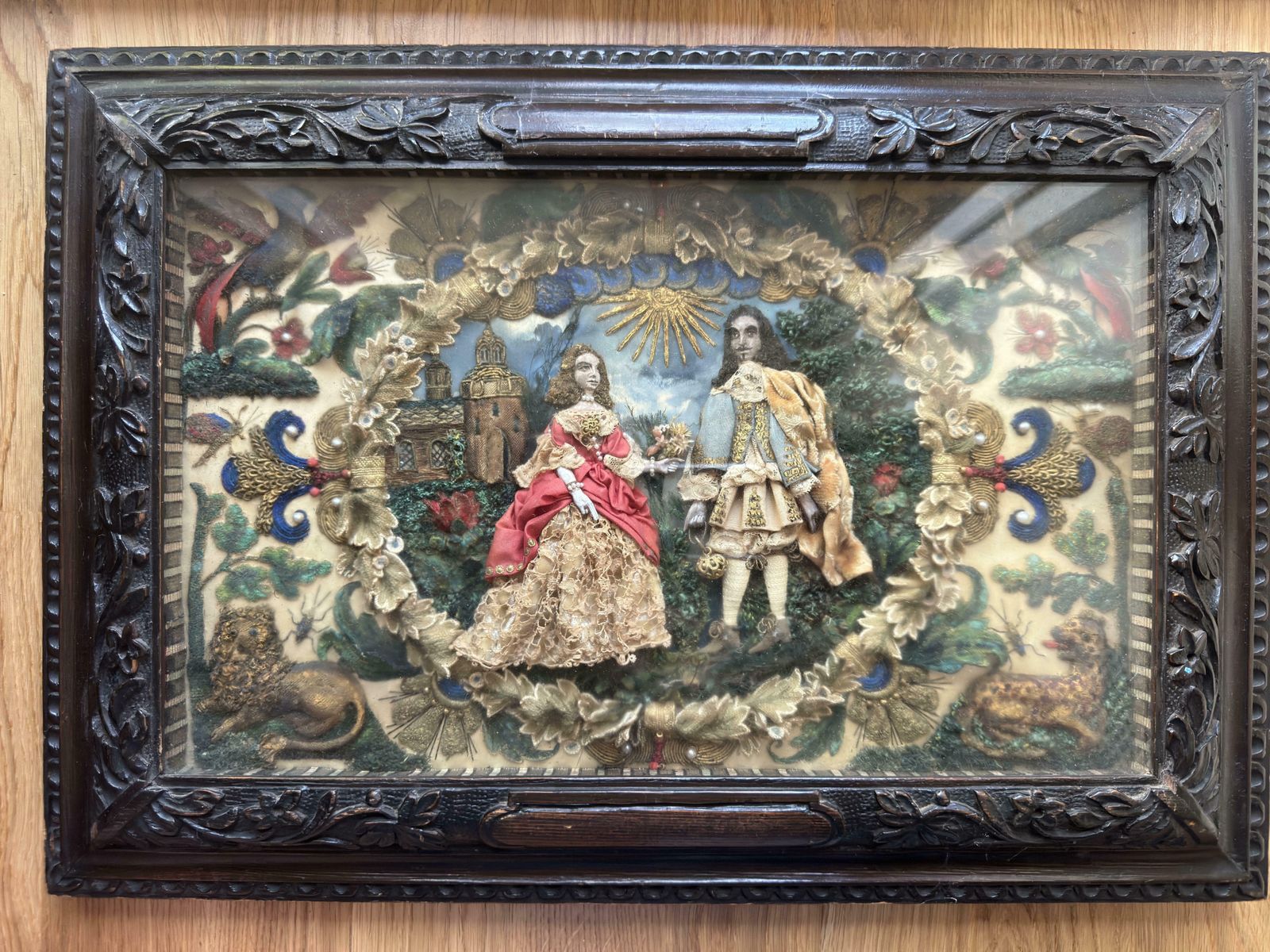 Stuart Period Stumpwork Panel   King Charles II And His Favourite Lady photo vintage