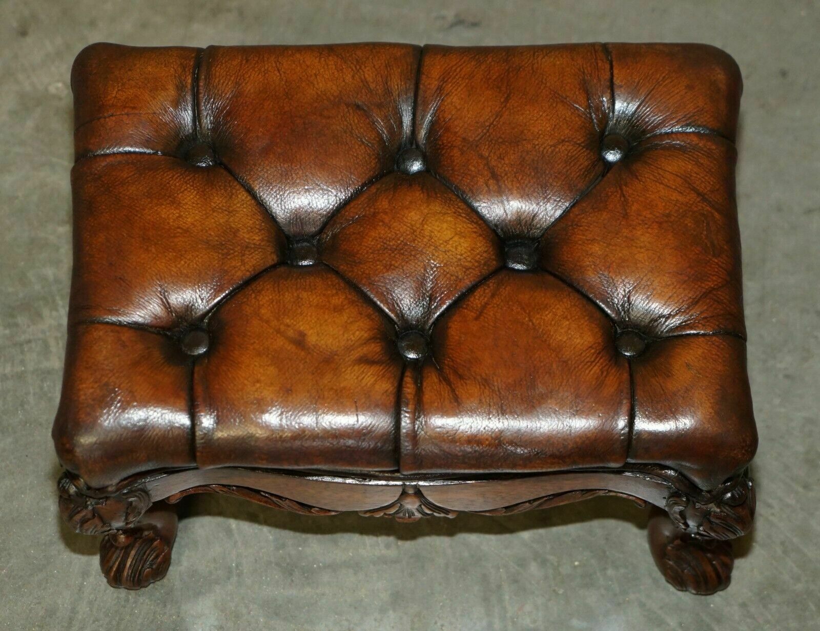 Fine Pair Of Ornate Hand Carved Victorian Brown Leather Chesterfield Footstools photo 2750.0