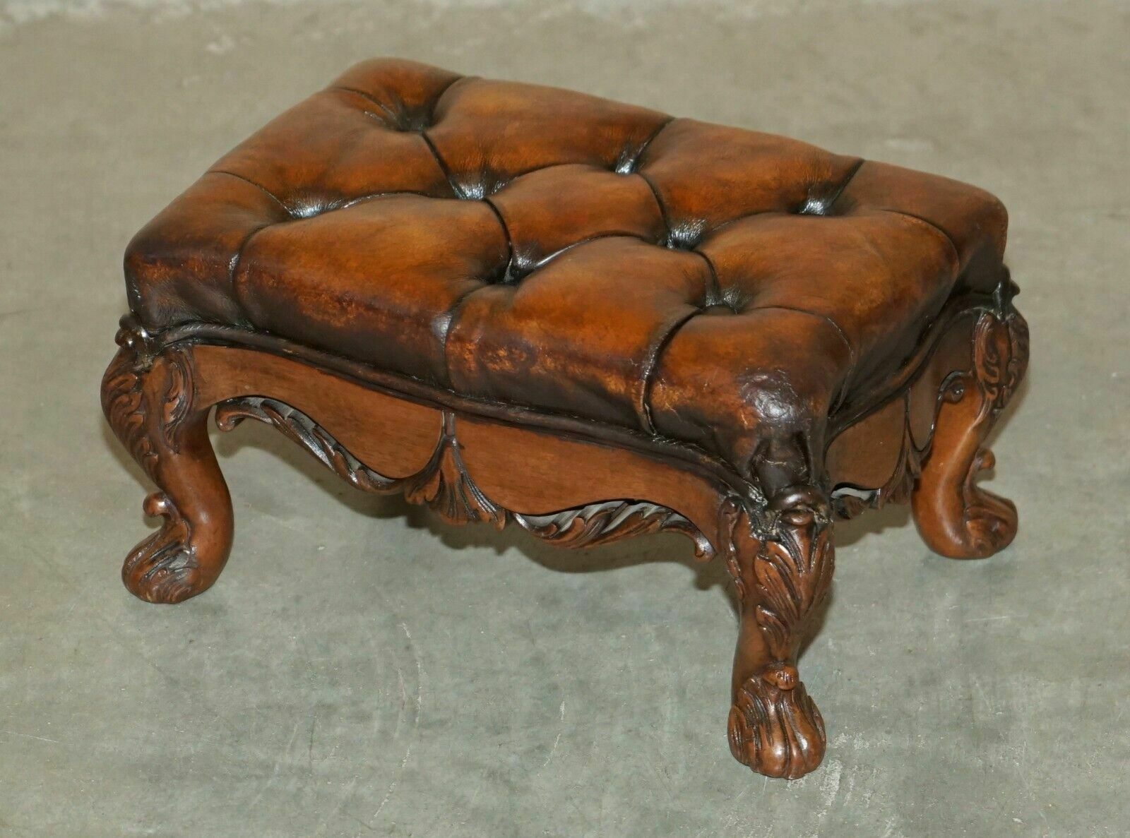 2750.0 Fine Pair Of Ornate Hand Carved Victorian Brown Leather Chesterfield Footstools photo