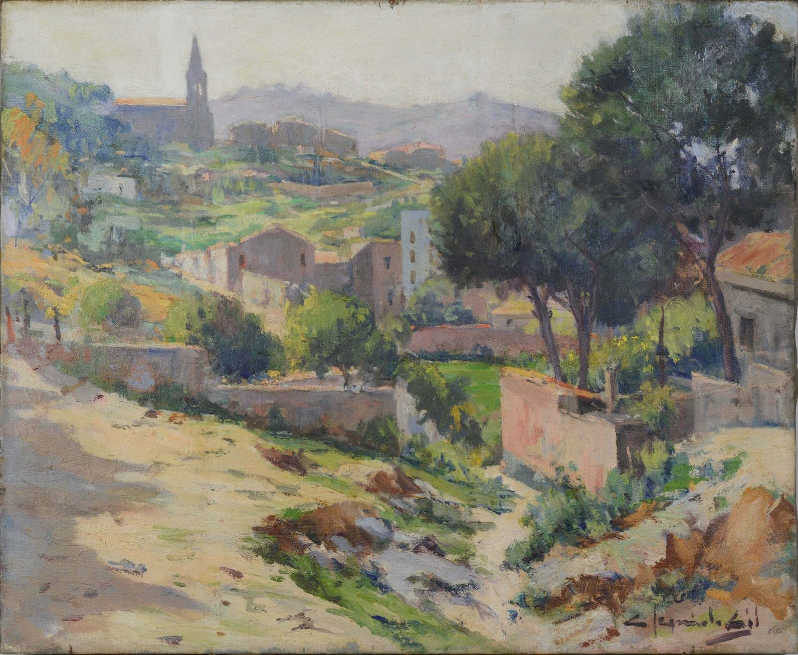 Impressionistisch Olieverfschilderij – Spaans Of Catalaans Bergdorp