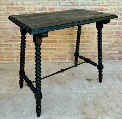 Early 20th Century Spanish Side Table With Turned Legs And Iron Stretcher, 1920s photo for sale