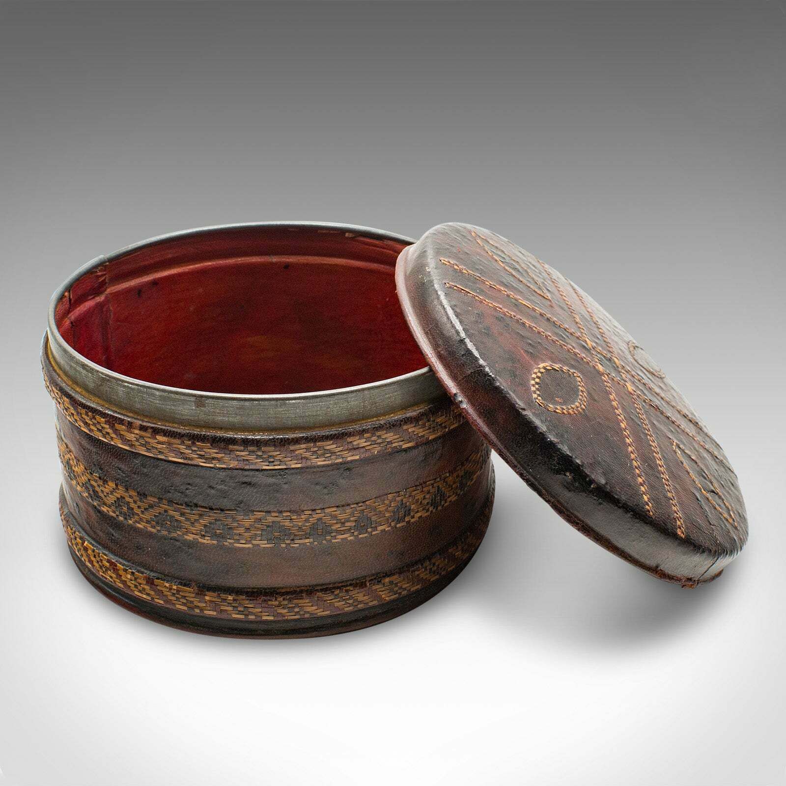 Antique Office Storage Pot, English, Leather, Desktop Stationery Tin, Edwardian photo furniture