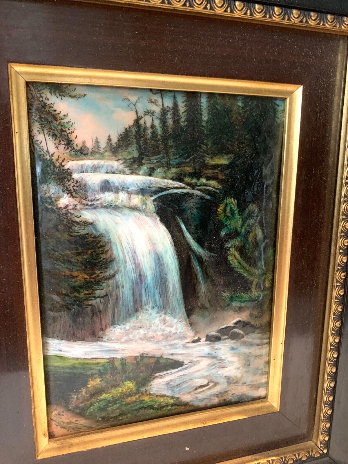 Limoges Enamels In An Ebony Frame "Waterfall In The Mountains" 20th Century photo furniture