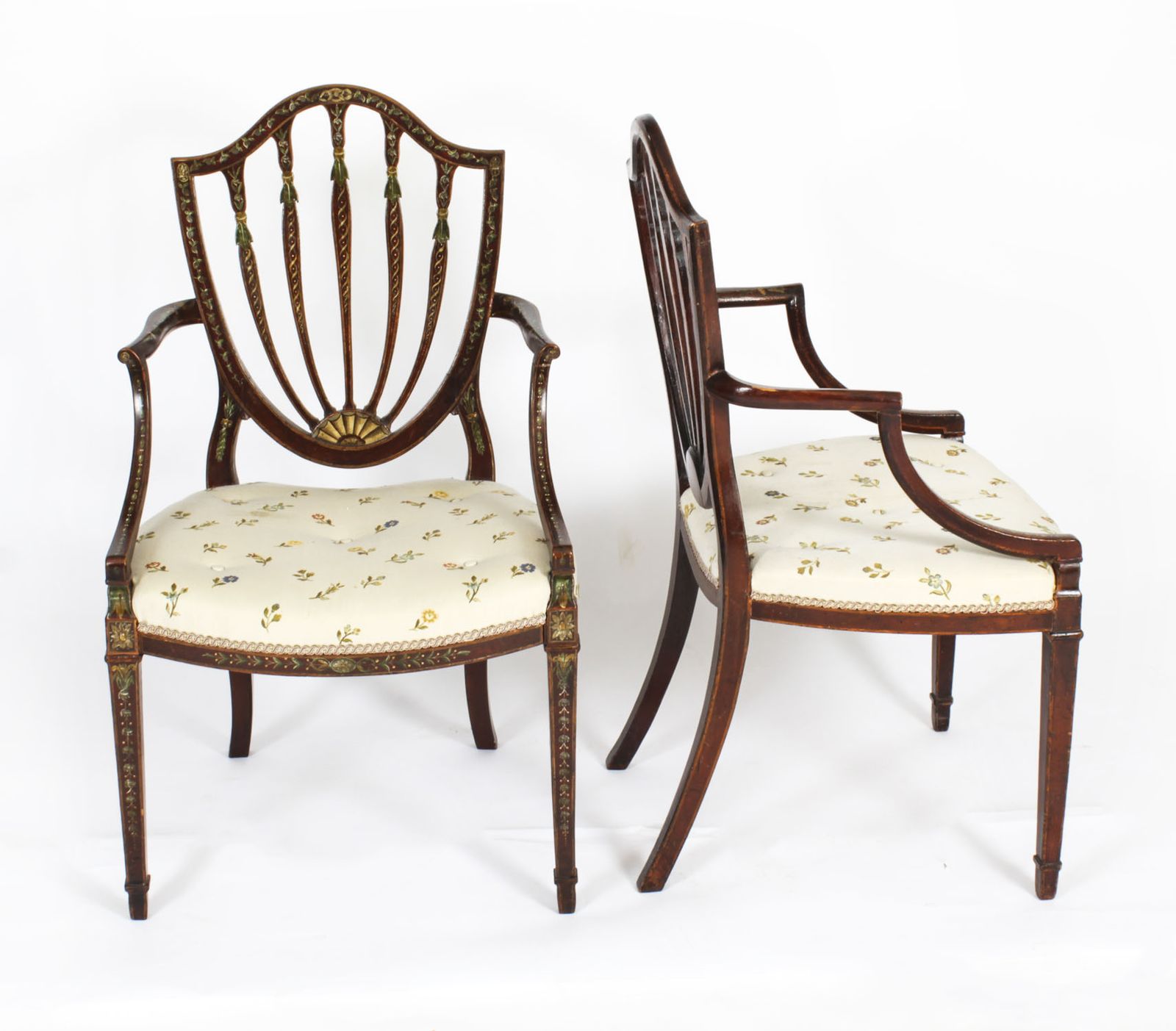 Antique Pair George III Polychrome Decorated Open Armchairs C1785  18th C photo furniture