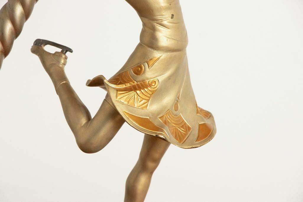 photo for sale Large Art Deco Sculptural Lamp Of A Female Skater On Stepped Marble Base C.1930