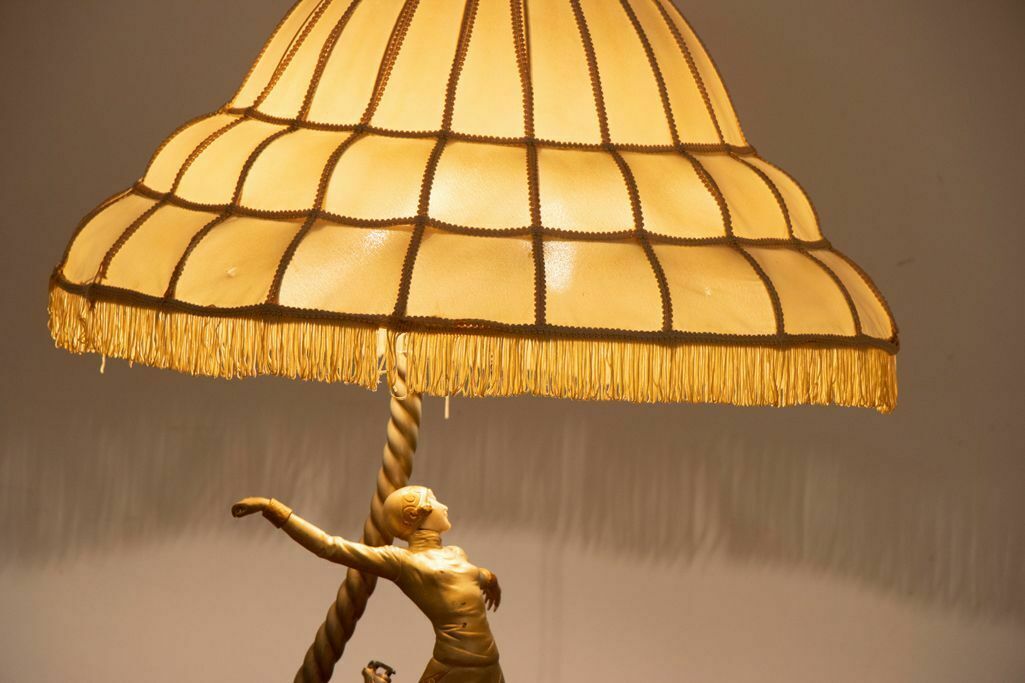 2450.0 Large Art Deco Sculptural Lamp Of A Female Skater On Stepped Marble Base C.1930 photo